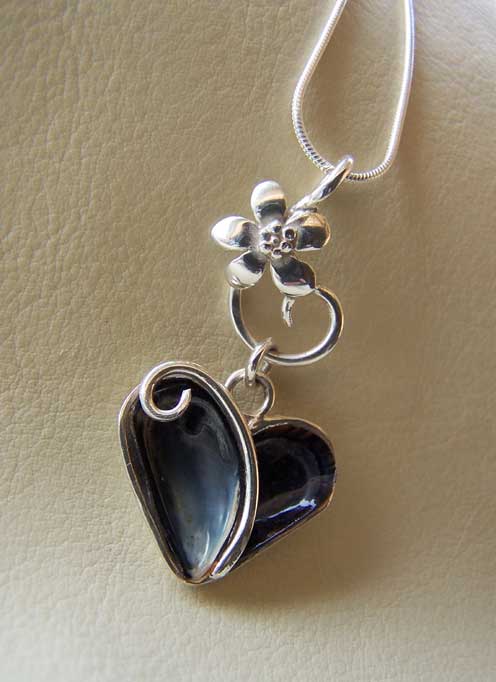 silver mussel heart necklace